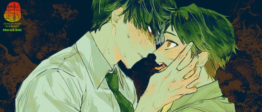 2boys, black_background, black_hair, blush, burned_koge, collared_shirt, copyright_name, eye_contact