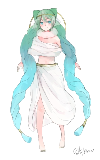 1girl, aqua_hair, barefoot, blue_eyes, blush, braid, full_body, gold_diadem