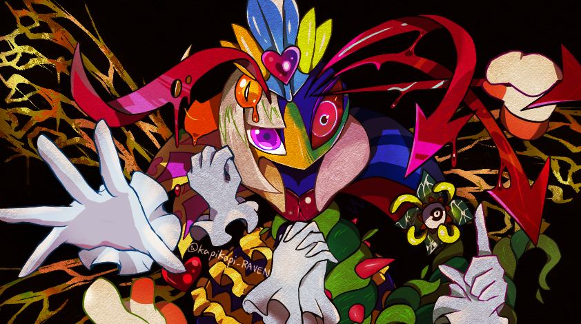 1girl, antennae, black_background, broken_heart, disfigured, heart, kirby:_triple_deluxe, kirby_(series), looking_at_viewer, mismatched_sclera, nintendo, old_friend_(kirby), plant, purple_eyes, queen_sectonia, rayman_limbs, reaching, reaching_towards_viewer, solo, tangmogan_(ffme8438), vines, white_hair