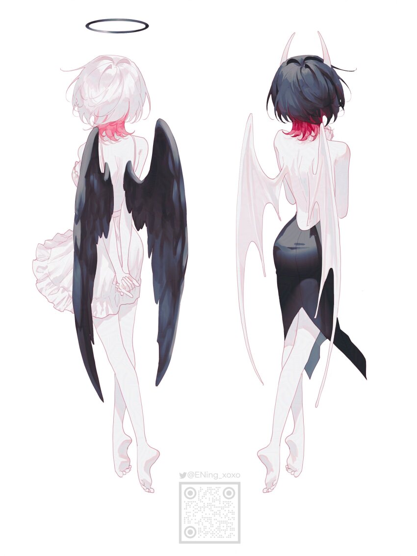 2girls, absurdres, angel, angel_and_devil, angel_wings, arms_behind_back, backless_outfit, bare_shoulders