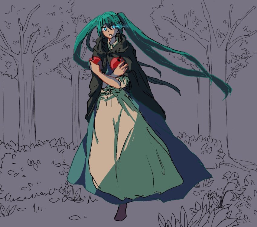 apple, apron, aqua_dress, aqua_eyes, aqua_hair, black_cloak, brown_shoes, bush, cloak, collared_dress, crossed_arms, dress, eve_moonlit, evillious_nendaiki, eye_trail, fleeing, flower, food, forest, fruit, gherea, glowing, glowing_eyes, hatsune_miku, holding, holding_food, holding_fruit, hood, hooded_cloak, light_trail, lily_(flower), long_hair, moonlit_bear_(vocaloid), nature, parted_lips, shoes, tree, twintails, very_long_hair, vocaloid, white_apron