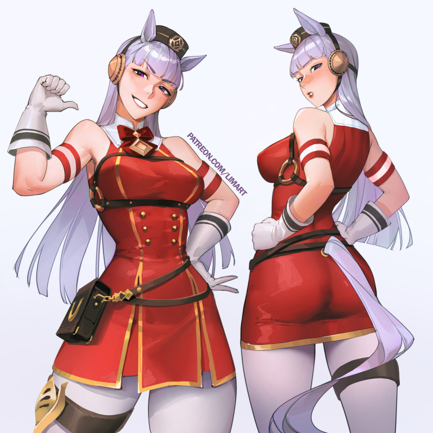 1girl, absurdres, animal_ears, armband, ass, belt, belt_pouch, blunt_bangs