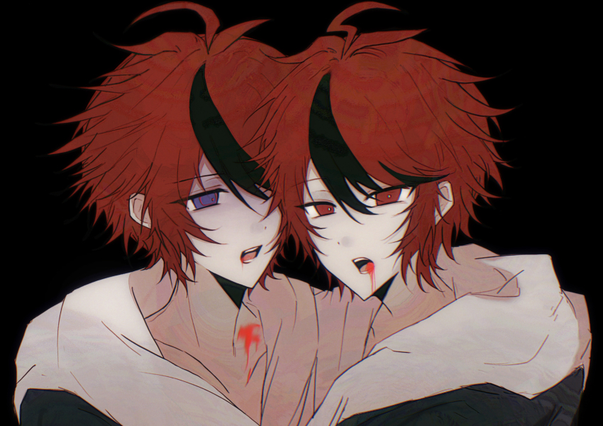 2boys, absurdres, ahoge, black_background, black_hair, black_jacket, blood, blood_from_mouth, blue_eyes, bright_pupils, chinese_commentary, collarbone, commentary_request, dual_persona, hair_between_eyes, highres, hood, hood_down, hoodie, jacket, jacket_over_hoodie, kazuko_(ayuan96457), male_focus, multicolored_hair, multiple_boys, official_alternate_eye_color, open_mouth, red_eyes, red_hair, short_hair, simple_background, spoilers, streaked_hair, sumino_takumi, the_hundred_line_-last_defense_academy-, two-tone_hair, white_hoodie, white_pupils