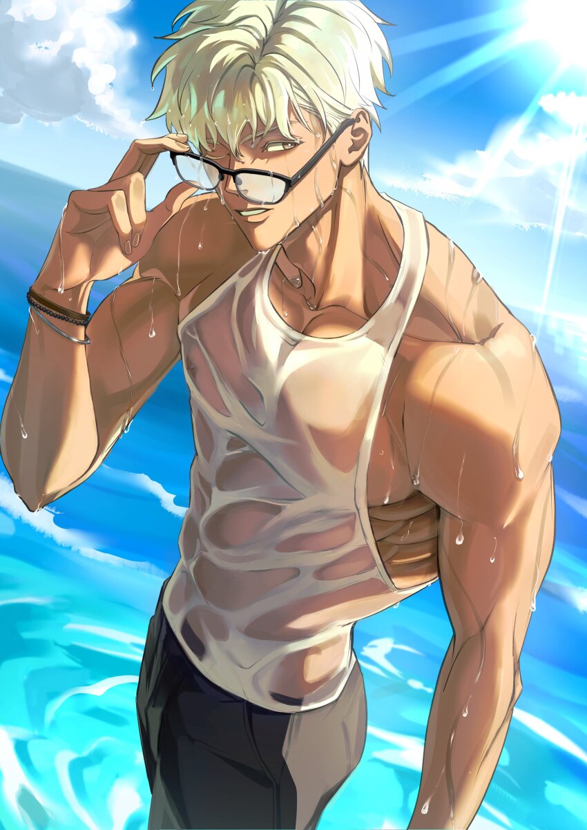 1boy, absurdres, archer_(fate), archer_(summer_casual)_(fate), dark-skinned_male, dark_skin, fate/grand_order, fate_(series)