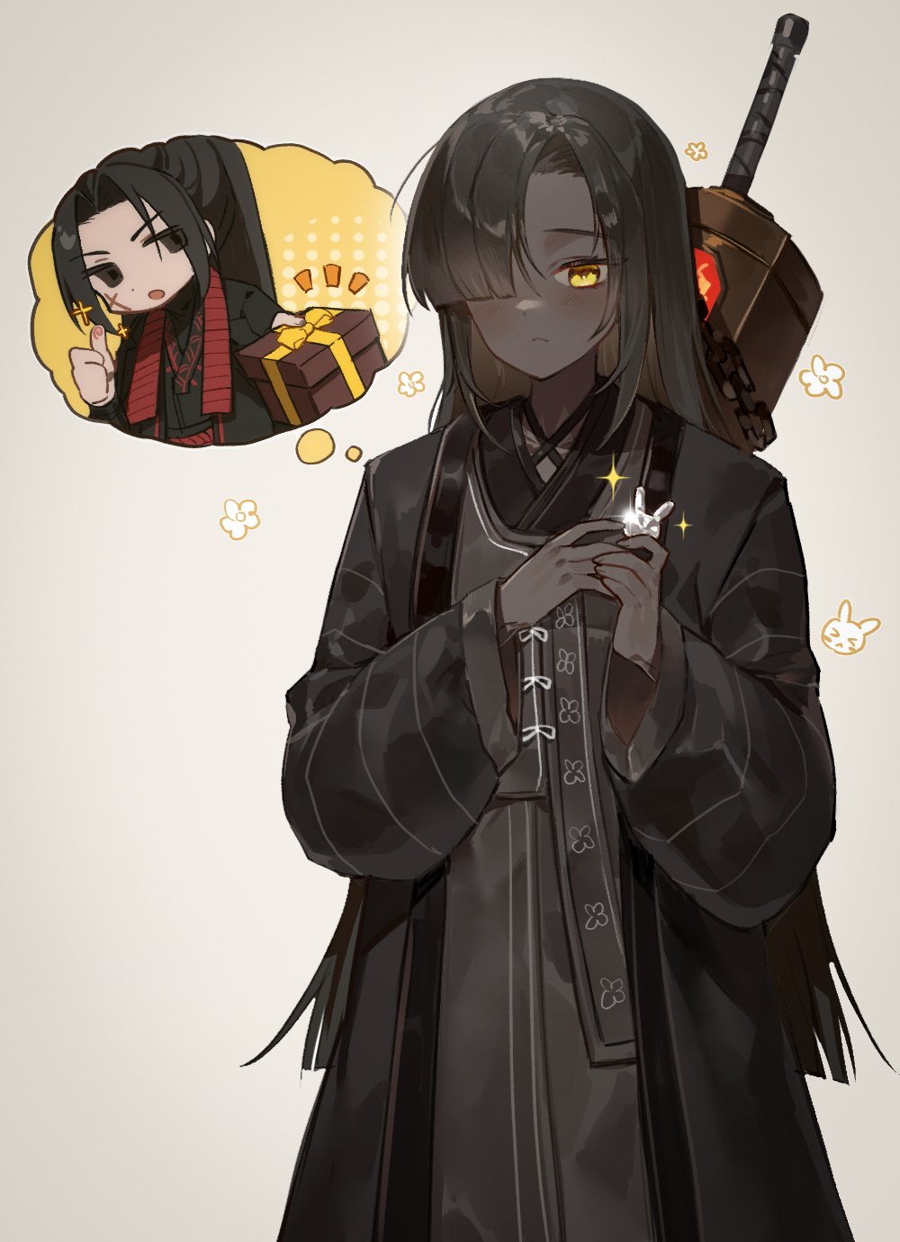 1boy, 1girl, black_eyes, black_hair, black_hanfu, blush, box, chinese_clothes