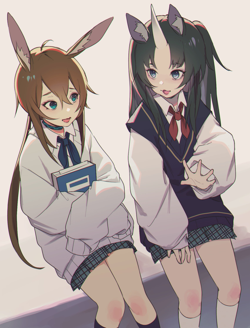 2girls, amiya_(arknights), animal_ear_fluff, animal_ears, arknights, black_hair, black_socks, blue_ribbon