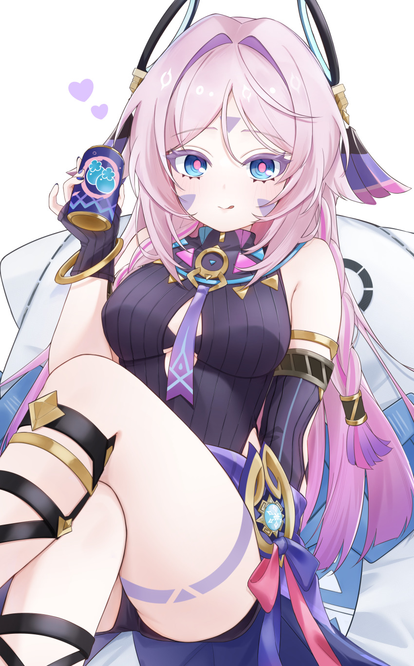 1girl, :q, absurdres, asymmetrical_gloves, black_gloves, black_leotard, blue_eyes, breasts, can, citlali_(genshin_impact), citlalin_(genshin_impact), closed_mouth, commentary_request, crossed_legs, cryo_symbol_(genshin_impact), facial_mark, fingerless_gloves, floating_headgear, forehead_mark, genshin_impact, gloves, hand_up, headgear, heart, heattech_leotard, highres, holding, holding_can, iroha_(mimi0618xx), large_breasts, leotard, long_hair, looking_at_viewer, multicolored_hair, pink_hair, pink_pupils, purple_hair, simple_background, sitting, solo, tongue, tongue_out, turtleneck, uneven_gloves, very_long_hair, vision_(genshin_impact), white_background