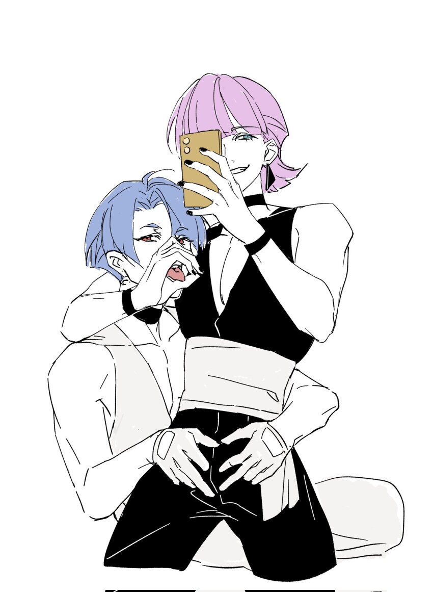 2boys, black_jumpsuit, black_nails, blue_eyes, blunt_bangs, brothers, choker, earrings