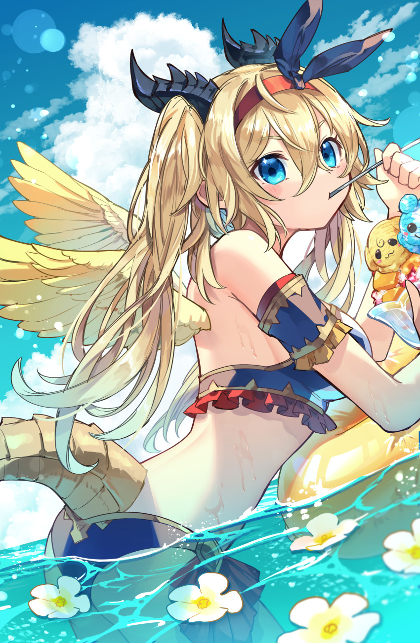 1girl, absurdres, bikini, blonde_hair, blue_bikini, cloud, curled_horns, day