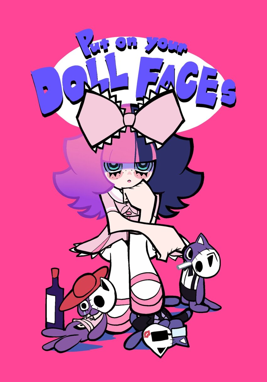 aqua_eyes, blunt_bangs, blush, bow, cosplay, dress, english_text, freckles