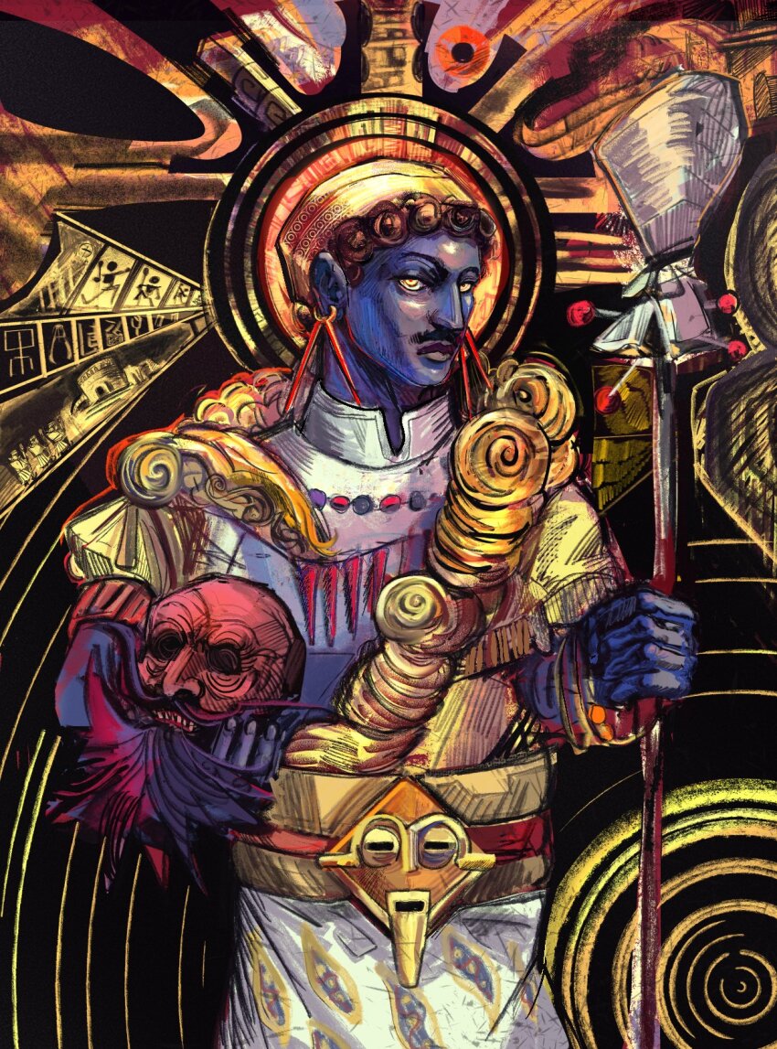 2boys, 7ggforp, african_clothes, beard, black_background, black_hair, closed_mouth, commentary, cowboy_shot, curly_hair, dark-skinned_male, dark_skin, disembodied_head, english_commentary, facial_hair, fear_&amp;_hunger_(series), fear_&amp;_hunger_2:_termina, hat, highres, holding, holding_detached_head, holding_staff, lips, male_focus, multiple_boys, mustache, nas'hrah_(fear_&amp;_hunger), o'saa_(fear_&amp;_hunger), solo_focus, staff, yellow_eyes, yellow_hat