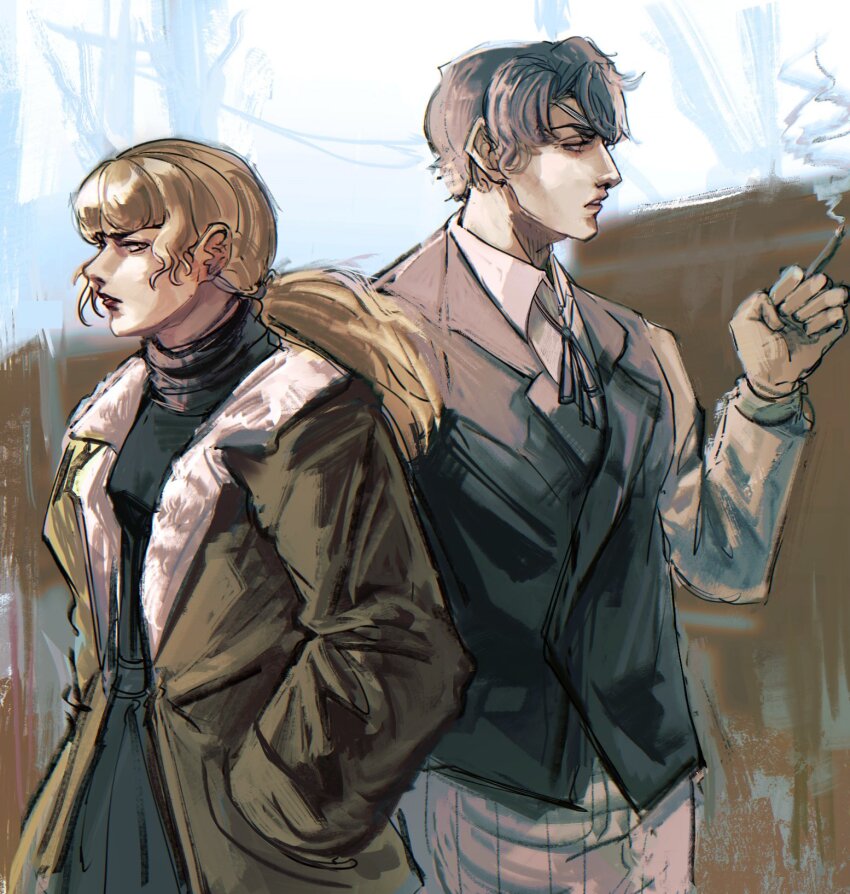 1boy, 1girl, 7ggforp, black_hair, black_sweater, black_vest, blonde_hair, bomber_jacket, brown_jacket, cigarette, collared_shirt, commentary, daan_(fear_&amp;_hunger), fear_&amp;_hunger_(series), fear_&amp;_hunger_2:_termina, hand_in_pocket, highres, holding, holding_cigarette, jacket, karin_(fear_&amp;_hunger), long_sleeves, neck_ribbon, open_clothes, open_jacket, ponytail, ribbon, shirt, smoking, sweater, turtleneck, turtleneck_sweater, vest, white_shirt