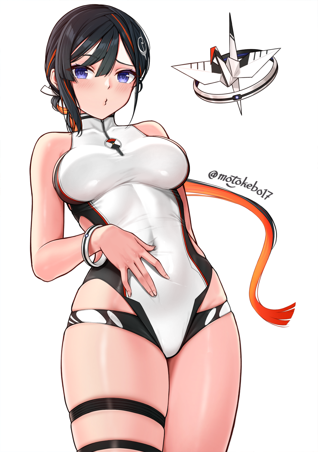 1girl, bare_shoulders, black_hair, breasts, colored_inner_hair, fate/grand_order, fate_(series), hand_on_own_stomach