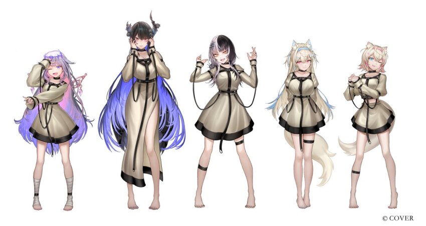 5girls, :d, ;d, ;p, alternate_costume, animal_ears, arms_behind_back, asymmetrical_horns, atsuki0814, bandaged_leg, bandages, bandaid, bandaid_hair_ornament, barefoot, bilingual_commentary, black_hair, black_wings, blonde_hair, blue_eyes, blue_hair, blue_hairband, center-flap_bangs, closed_mouth, colored_inner_hair, commentary, copyright_notice, crossed_bangs, detached_wings, dog_ears, dog_girl, dog_tail, double-parted_bangs, dress, english_commentary, fake_horns, feathered_wings, flower, full_body, fuwawa_abyssgard, gem, gradient_hair, grey_dress, grey_shirt, grey_skirt, hair_between_eyes, hair_flaps, hair_ornament, hairband, hairclip, hand_up, hands_up, headpiece, holoadvent, hololive, hololive_english, horn_flower, horn_hairband, horns, jewel_under_eye, juliet_sleeves, koseki_bijou, long_dress, long_hair, long_sleeves, low_wings, metal_wings, miniskirt, mixed-language_commentary, mococo_abyssgard, multicolored_hair, multiple_girls, nerissa_ravencroft, official_art, one_eye_closed, open_mouth, parallel_hairclips, pink_eyes, pink_hair, pink_hairband, puffy_sleeves, purple_eyes, purple_gem, purple_hair, shiori_novella, shirt, short_dress, short_hair, side_slit, sidelocks, simple_background, skirt, smile, split-color_hair, straitjacket, streaked_hair, tail, thigh_strap, tongue, tongue_out, two_side_up, uneven_horns, very_long_hair, virtual_youtuber, white_background, wings, x_hair_ornament, yellow_eyes