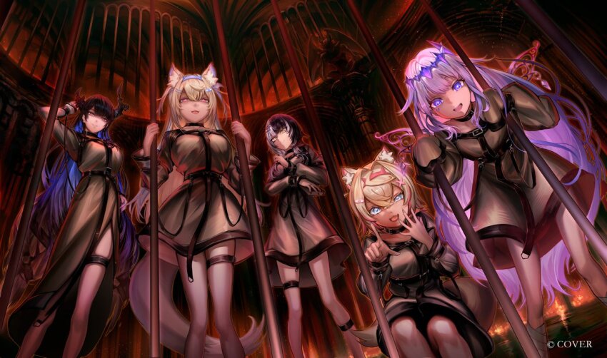 5girls, :d, animal_ears, asymmetrical_horns, atsuki0814, bandaid, bandaid_hair_ornament, bilingual_commentary