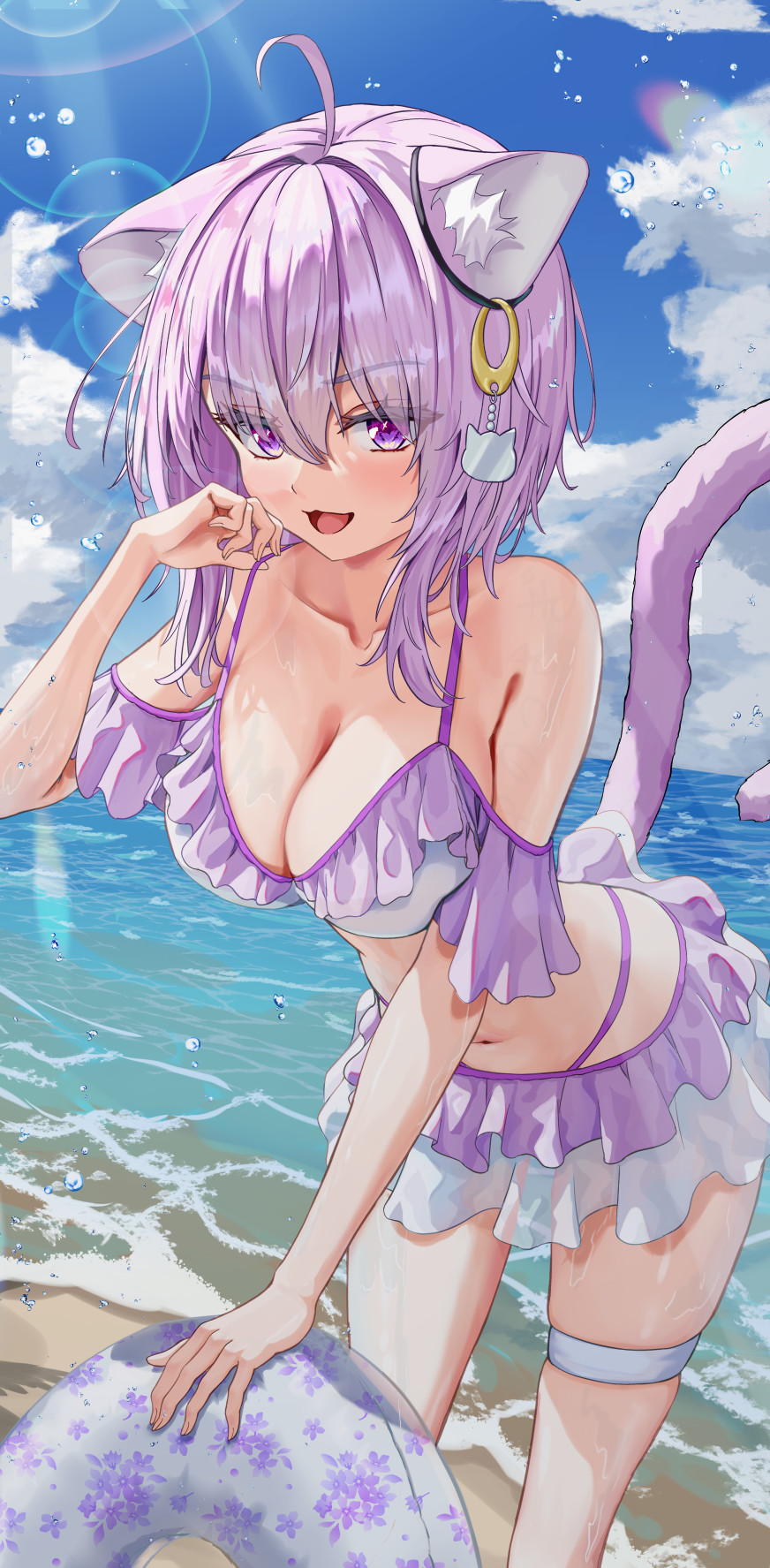 1girl, ahoge, animal_ear_fluff, animal_ears, bare_shoulders, beach, bikini, breasts