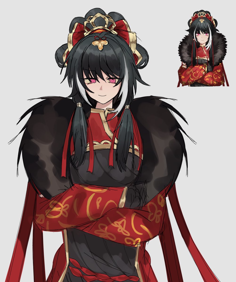 1girl, black_dress, black_hair, chinese_clothes, coat, crossed_arms, crown, double_bun