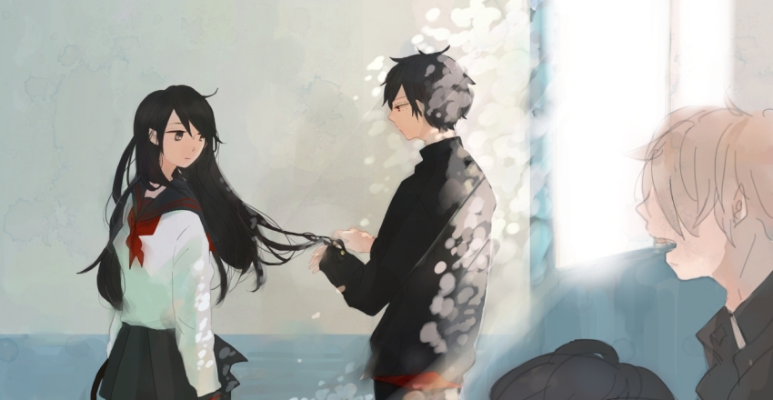 black_hair, durarara!!, ek_ko, long_hair, orihara_izaya, school_uniform, short_hair, yagiri_namie