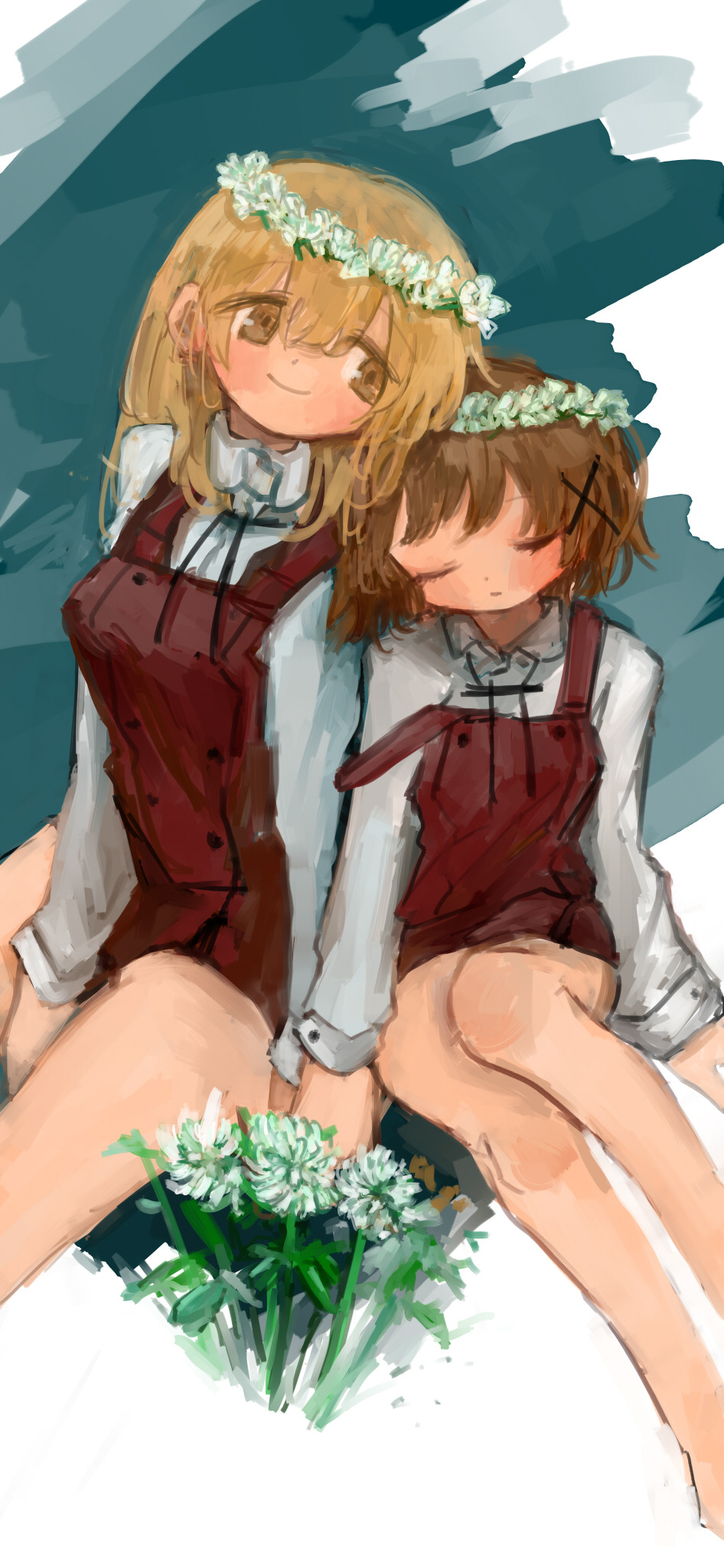 2girls, blonde_hair, brown_hair, closed_eyes, flower, hair_flower, hair_ornament, hidamari_sketch