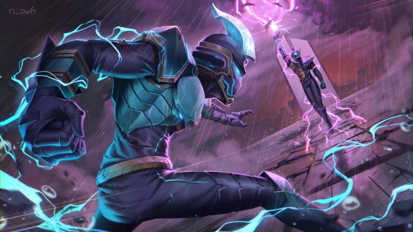 2boys, arena, armor, e-soul_(to_be_hero_x), electricity, electrokinesis, fighting, helmet