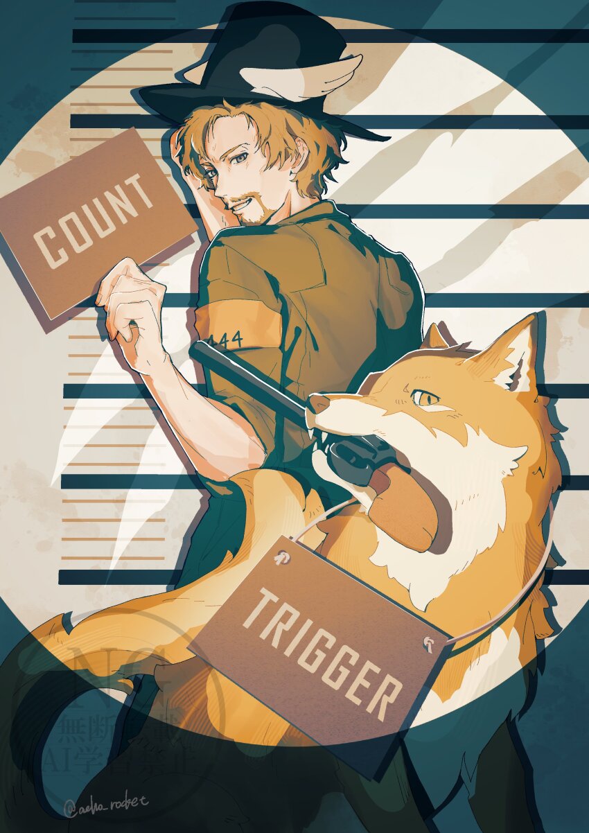 1boy, absurdres, ace_combat, ace_combat_7, blonde_facial_hair, blonde_hair, character_name, count_(ace_combat_7)