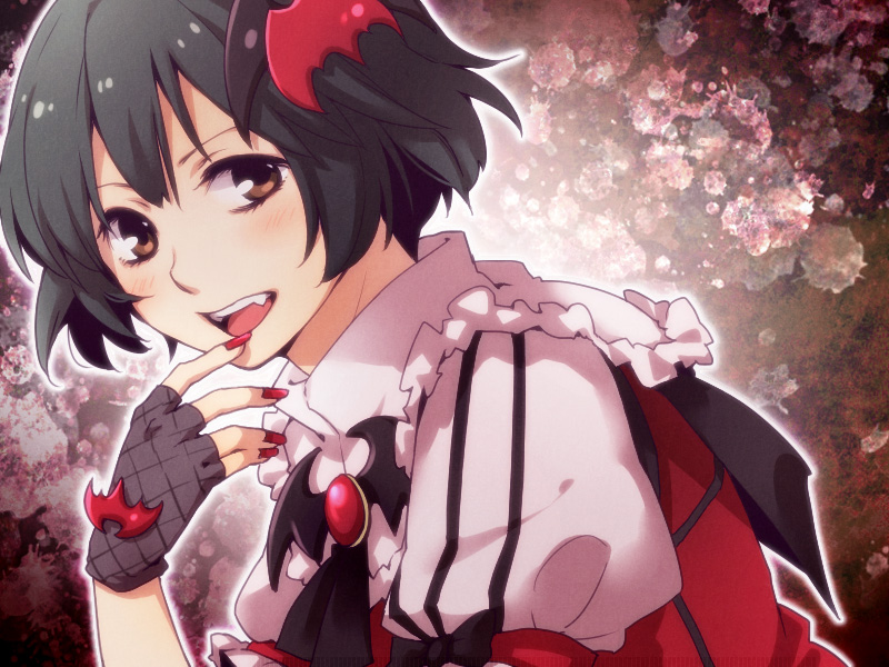 00s, 1boy, akizuki_ryo, bat_(animal), blush, brown_eyes, brown_hair, crossdressing, crossdressing_(mtf), dress, fang, fingerless_gloves, fingernails, gloves, hair_ornament, idolmaster, idolmaster_dearly_stars, licking, male_focus, my_dear_vampire, nail_polish, nogoodlife, open_mouth, short_hair, solo, tongue, trap, vampire