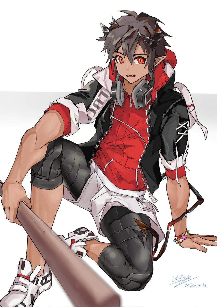 1boy, arknights, baseball_bat, black_jacket, black_leggings, demon_boy, demon_horns, demon_tail