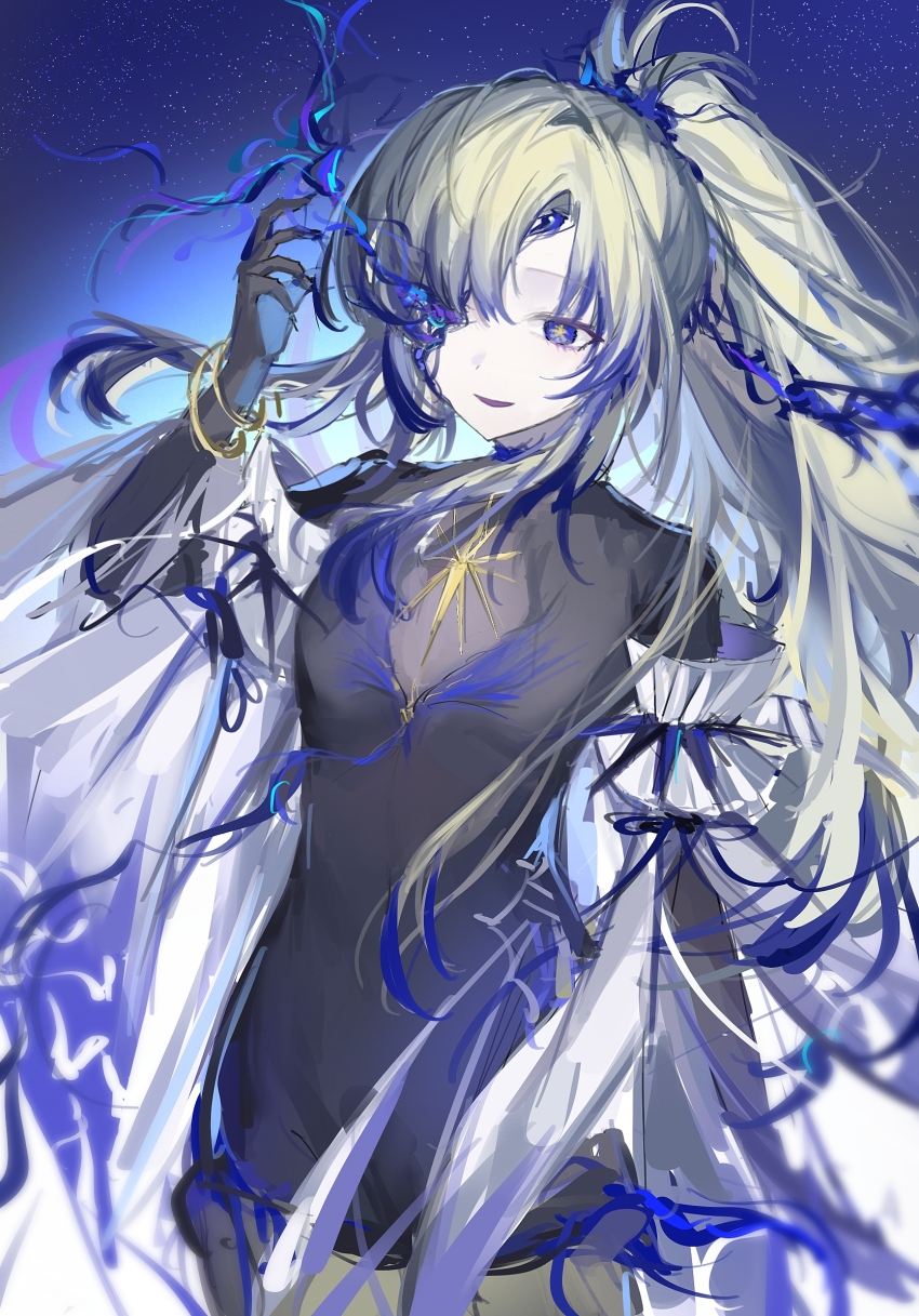 1girl, anandebaba, arcaea, black_bodysuit, black_gloves, black_thighhighs, blonde_hair, blue_eyes, bodystocking, bodysuit, breasts, corruption, curtained_hair, fangs, gloves, green_hair, hair_over_one_eye, high_ponytail, highres, jacket, jewelry, medium_breasts, medium_hair, multiple_rings, nonoka_(awakened)_(arcaea), one_eye_covered, ponytail, possessed, ring, sketch, solo, star-shaped_pupils, star_(symbol), symbol-shaped_pupils, thighhighs, white_jacket, white_sleeves