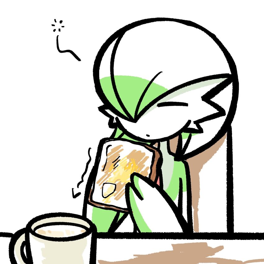 bob_cut, bread, bread_slice, closed_eyes, colored_skin, cup, food, gardevoir