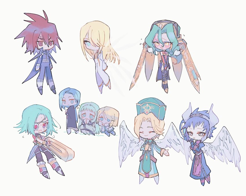 angel_wings, angry, belt, black_pants, black_trim, blonde_hair, blue_cloak, blue_hair