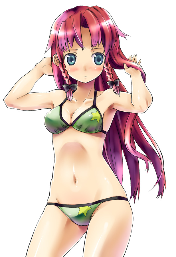 1girl, armpits, bikini, blue_eyes, blush, braid, female_focus, green_bikini, green_eyes, groin, hong_meiling, kannazuki_hato, long_hair, navel, red_hair, simple_background, solo, star_(symbol), swimsuit, touhou, twin_braids