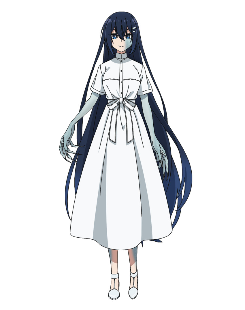 1girl, anime_coloring, black_nails, blue_eyes, breasts, closed_mouth, collared_dress, colored_skin