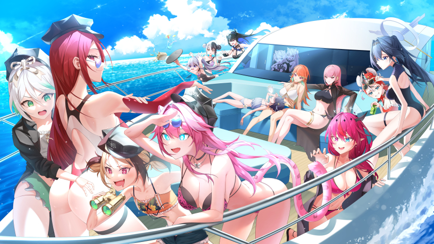 6+girls, absurdres, animal_ears, ass, bikini, binoculars, black_bikini, black_choker