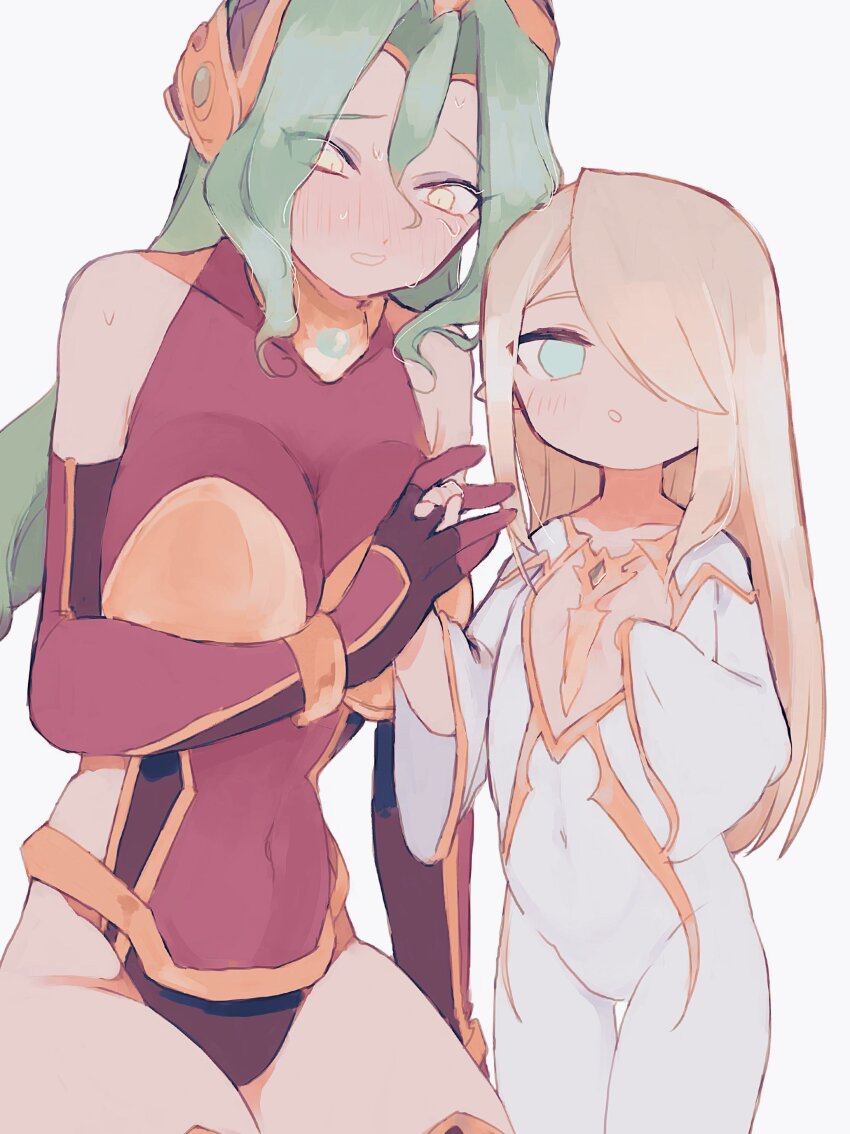 absurdres, aged_down, blonde_hair, blush, bodysuit, chest_jewel, elbow_gloves, eyeshadow