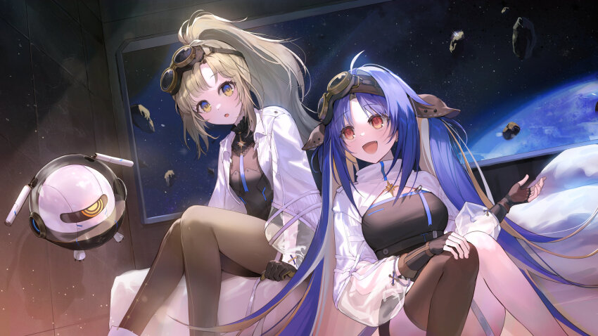 2girls, :o, arcaea, artist_request, asteroid, belt, black_gloves, black_shirt