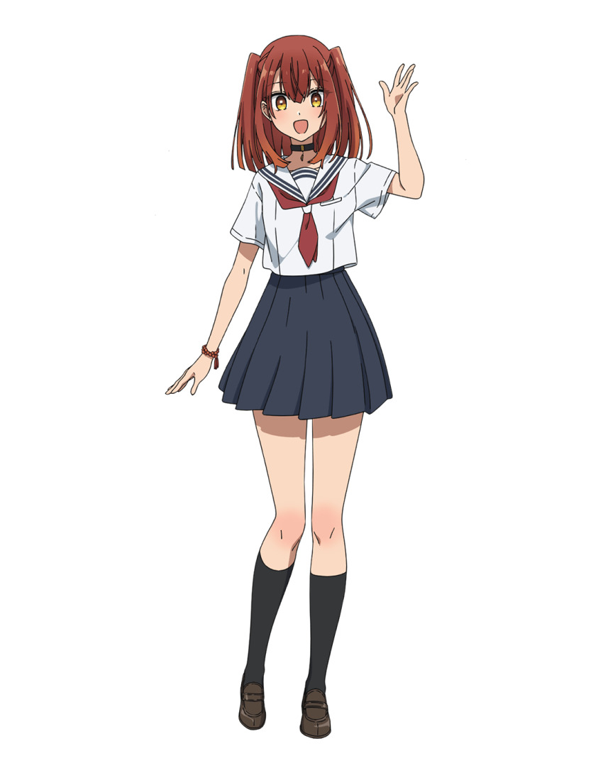 1girl, :d, anime_coloring, black_choker, black_skirt, black_socks, blush, breasts