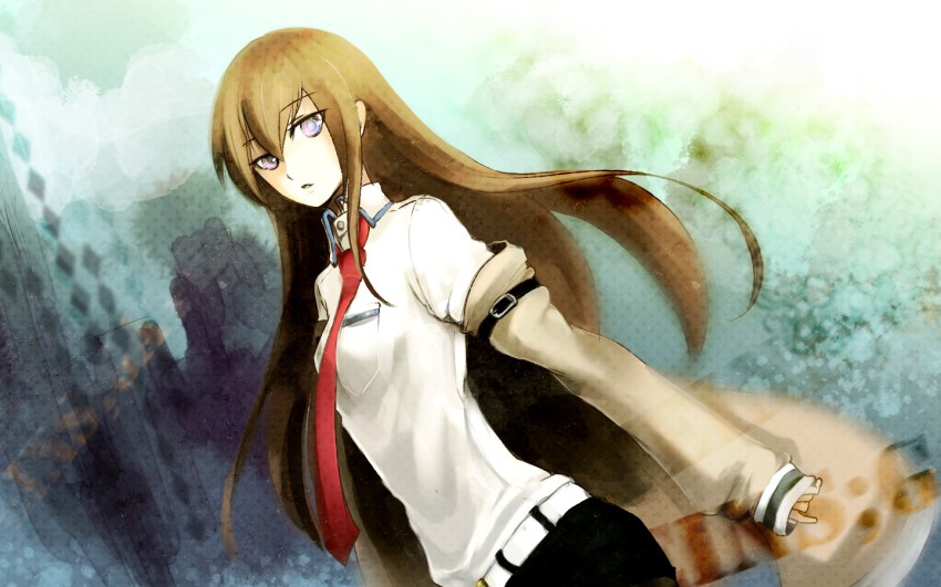 1girl, blue_eyes, brown_hair, dutch_angle, female_focus, jacket, long_hair, makise_kurisu