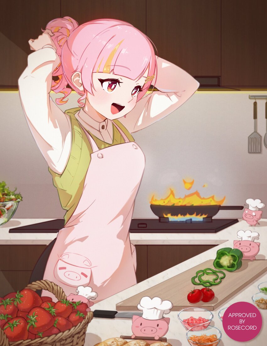 1girl, :d, absurdres, apron, basket, bell_pepper, blonde_hair, chef_hat