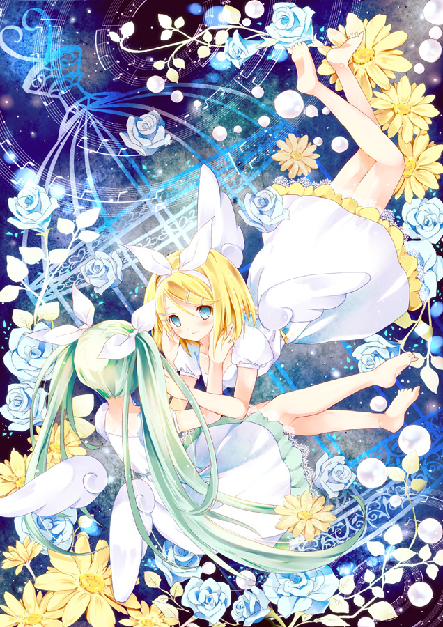 aqua_hair, bare_legs, barefoot, birdcage, blonde_hair, blue_eyes, blue_rose, blush