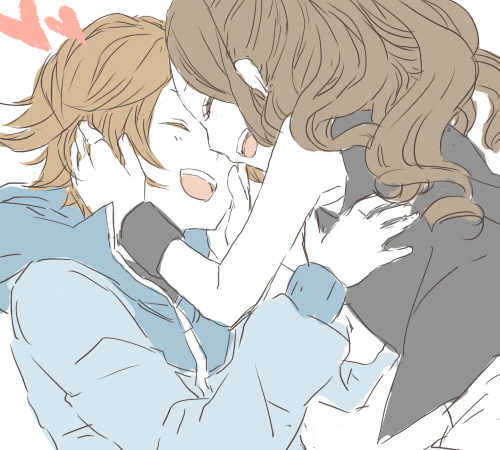 10s, 1boy, 1girl, :d, bad_id, bad_pixiv_id, brown_hair, closed_eyes