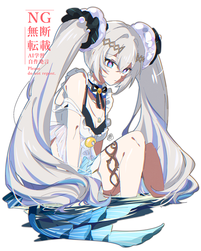 1girl, blue_eyes, cross-shaped_pupils, dress, grey_hair, hair_between_eyes, hair_tubes, jewelry