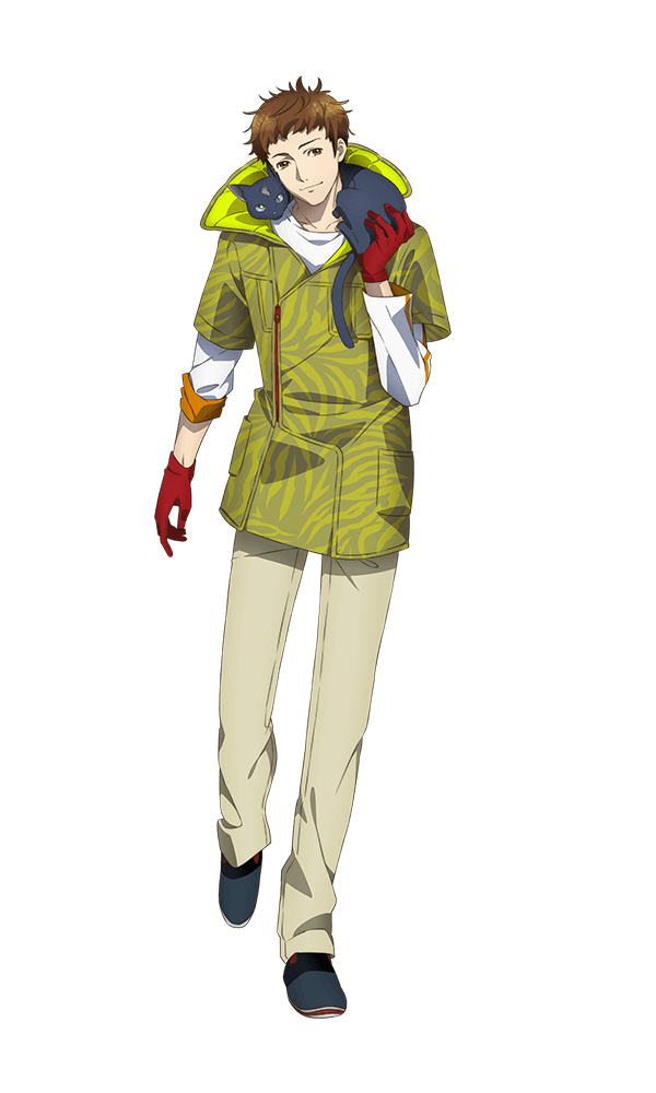 1boy, ahoge, animal, anime_coloring, black_cat, blue_shoes, brown_eyes, brown_hair