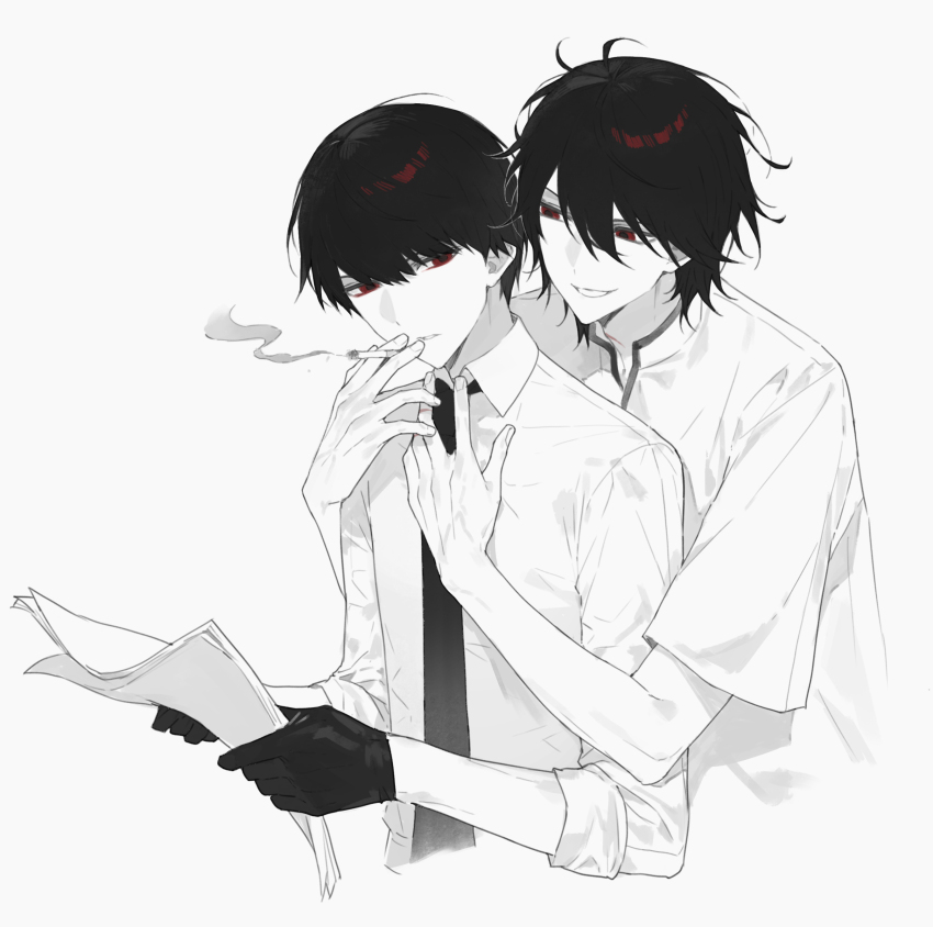 2boys, 3o03, absurdres, black_hair, chinese_clothes, cigarette, collared_shirt, daiba_shizuma
