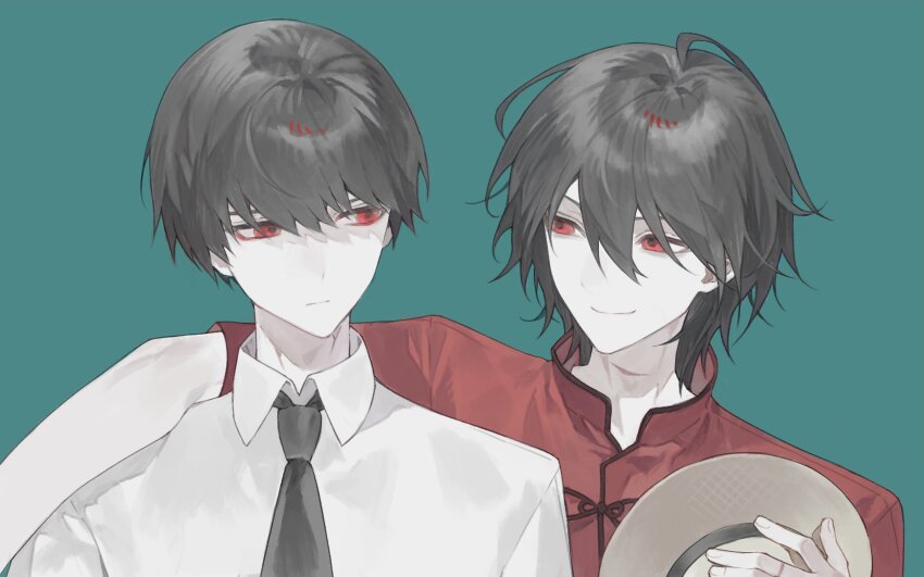 2boys, 3o03, absurdres, black_hair, black_necktie, chinese_clothes, closed_mouth, collared_shirt