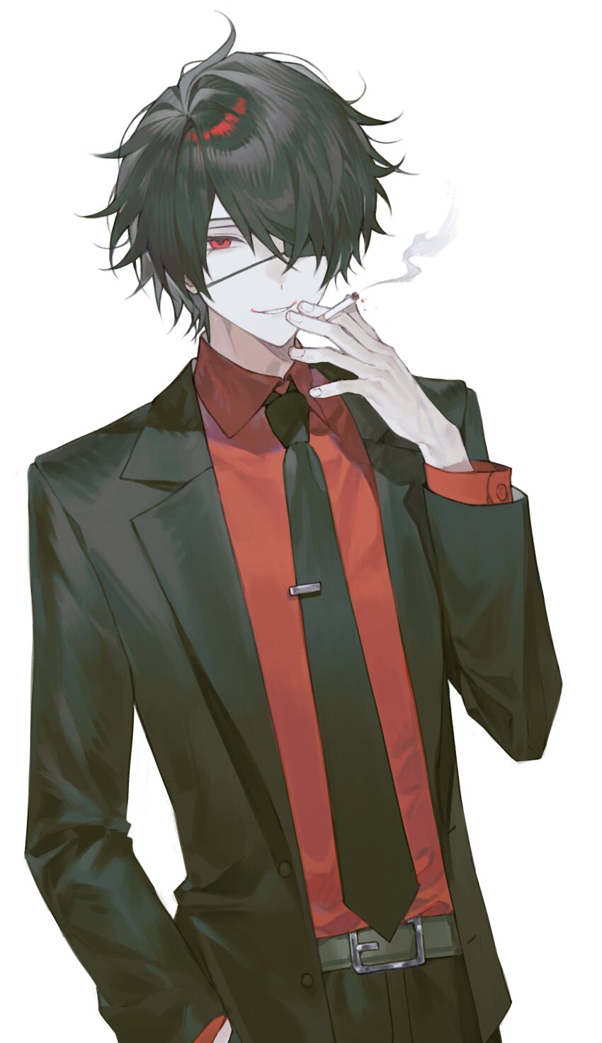 1boy, 3o03, absurdres, belt, black_hair, black_jacket, black_necktie, black_pants