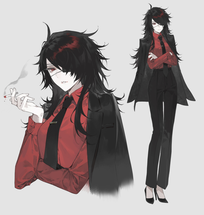 1girl, 3o03, absurdres, black_hair, black_jacket, black_necktie, black_pants, cigarette, collared_shirt, crossed_arms, eyepatch, formal_clothes, full_body, genderswap, genderswap_(mtf), hair_over_one_eye, high_heels, highres, holding, holding_cigarette, jacket, jacket_on_shoulders, long_hair, long_sleeves, looking_at_viewer, messy_hair, multiple_views, necktie, one_eye_covered, ooe_(game), pants, red_eyes, red_shirt, shinbashi_(ooe), shirt, simple_background, smoke, smoking, standing, suit, white_background