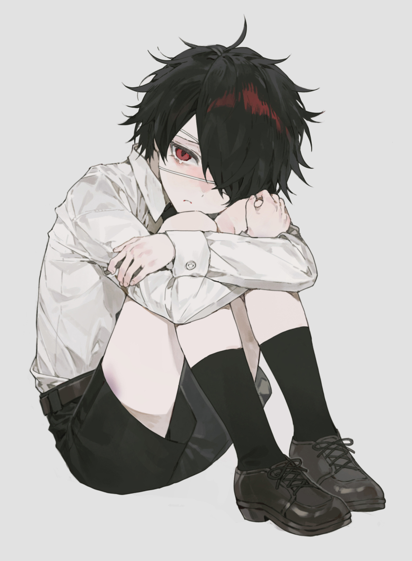 1boy, 3o03, absurdres, aged_down, bandage_over_one_eye, belt, black_hair, black_shorts, black_socks, collared_shirt, eyepatch, full_body, highres, long_sleeves, looking_at_viewer, male_focus, ooe_(game), red_eyes, shinbashi_(ooe), shirt, shoes, short_hair, shorts, simple_background, sitting, socks, solo, white_background, white_shirt