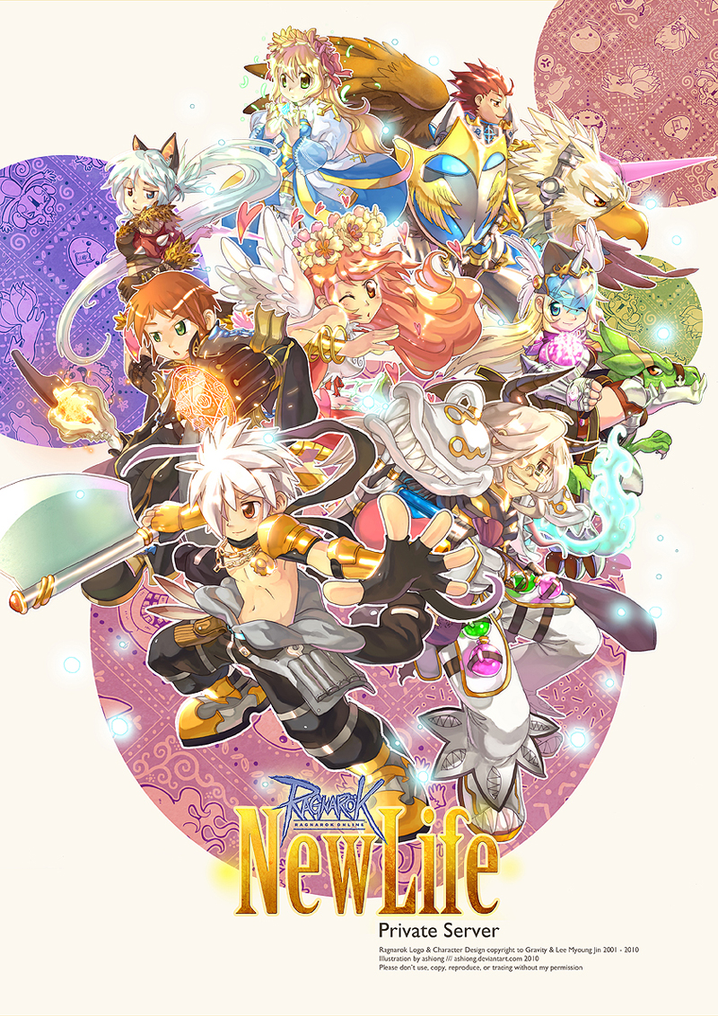 4boys, 4girls, animal_ears, arch_bishop_(ragnarok_online), armor, ashionglee, beak, bird