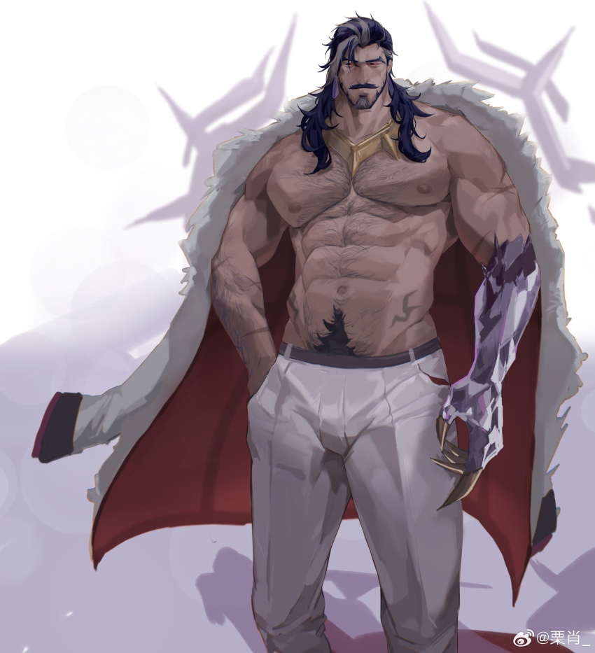 1boy, abs, absurdres, bara, cape, closed_mouth, commentary, cross_scar, fur-trimmed_cape, fur_trim, highres, league_of_legends, lixiao6342, male_focus, multiple_scars, muscular, muscular_male, navel, nipples, pants, pectorals, prestige_chosen_of_the_wolf_swain, scar, swain_(league_of_legends), topless_male, watermark, weibo_watermark, white_background, white_pants