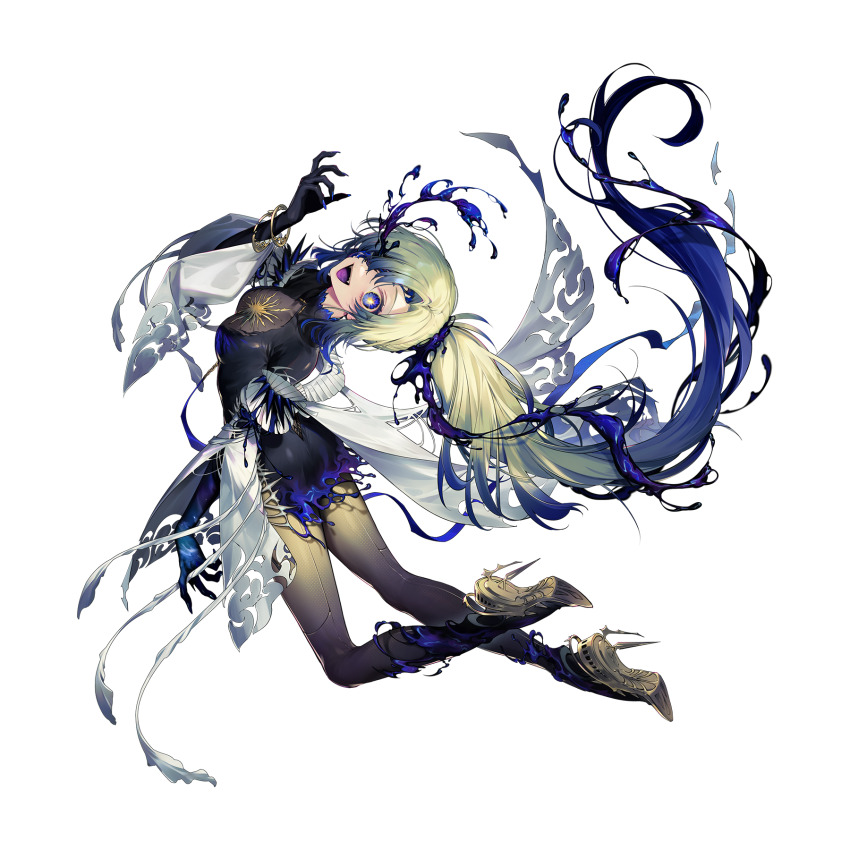 1girl, arcaea, black_bodysuit, black_gloves, black_thighhighs, blonde_hair, blue_eyes, bodystocking